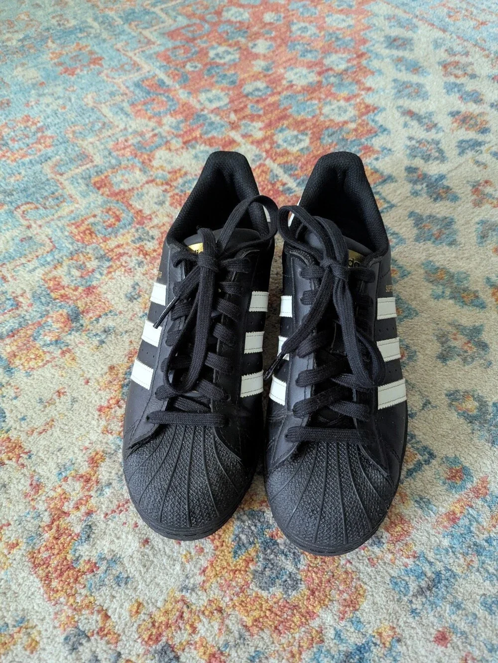 Adidas Originals Superstar J Leather Black/White/Gold EF5398 Men's 7 Women's 8